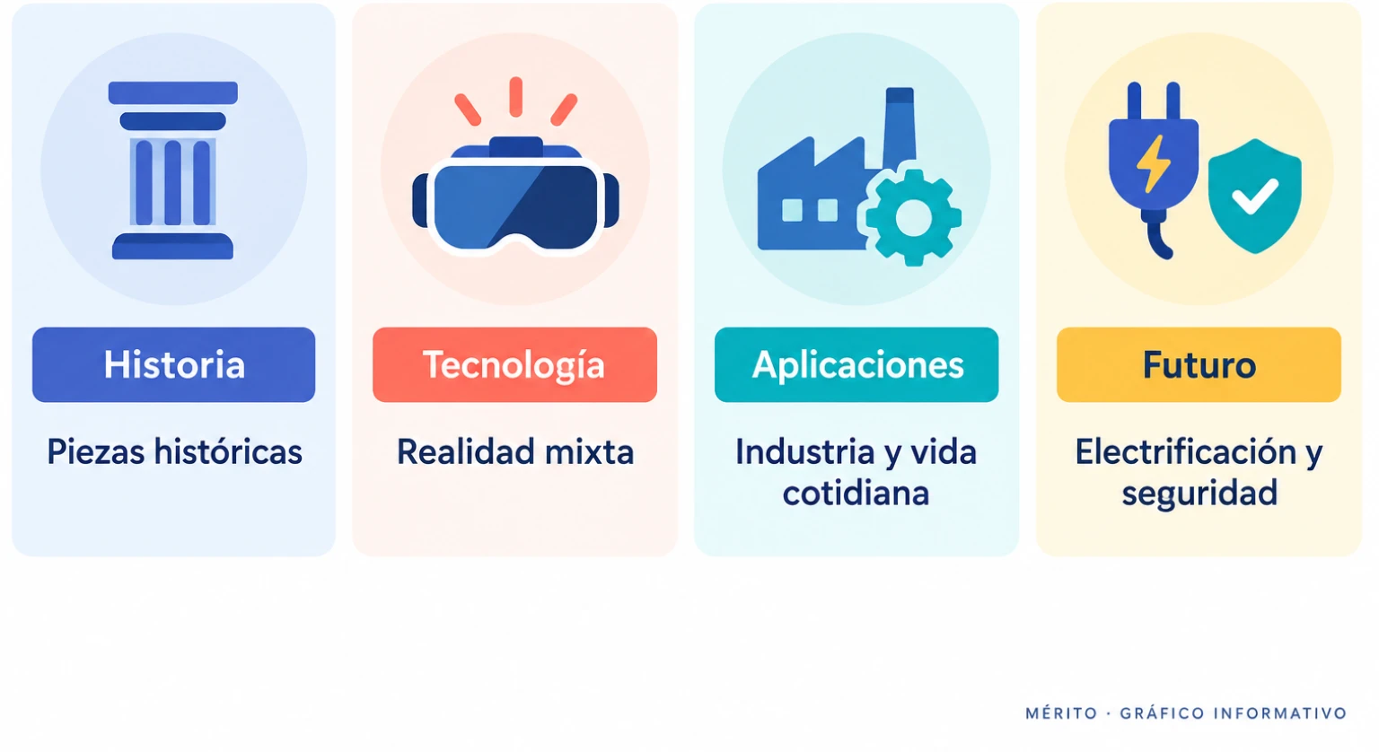 Tarjetas con los ejes temáticos de la exposición: piezas históricas, realidad mixta, aplicaciones industriales y cotidianas, y futuro de la electrificación.