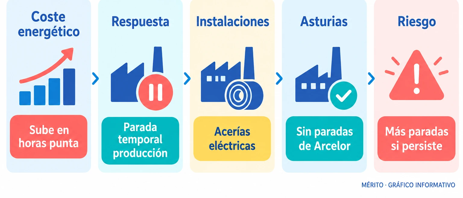 Diagrama de proceso que muestra cómo la subida del coste energético en horas punta lleva a paradas temporales en acerías eléctricas.