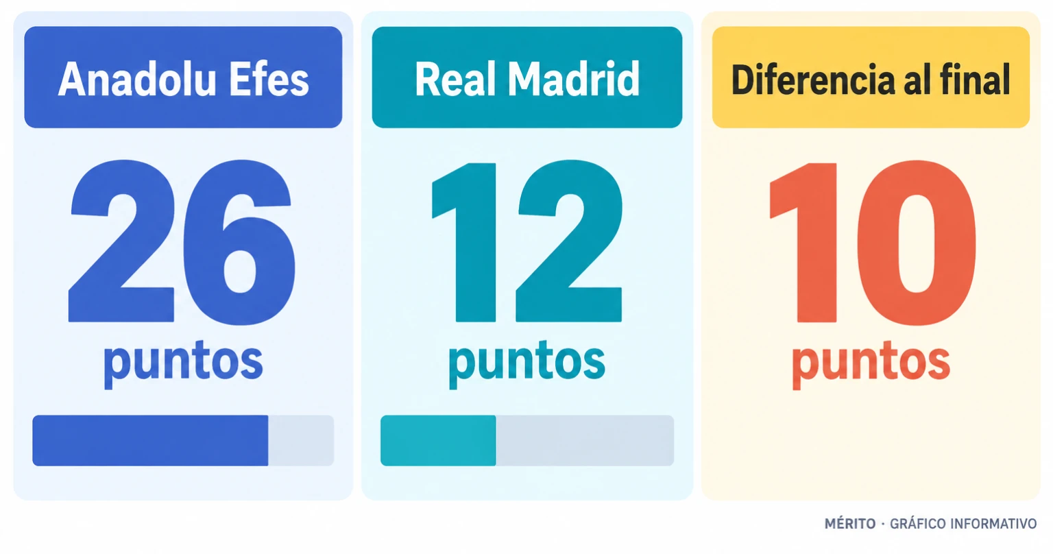 En el segundo cuarto, Anadolu Efes anotó 26 puntos y Real Madrid 12.