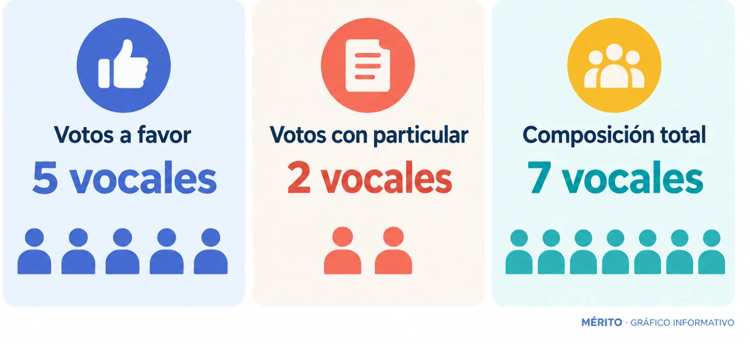 Tarjetas con el resultado de la votación: cinco votos a favor del archivo, dos votos particulares y siete vocales en total.
