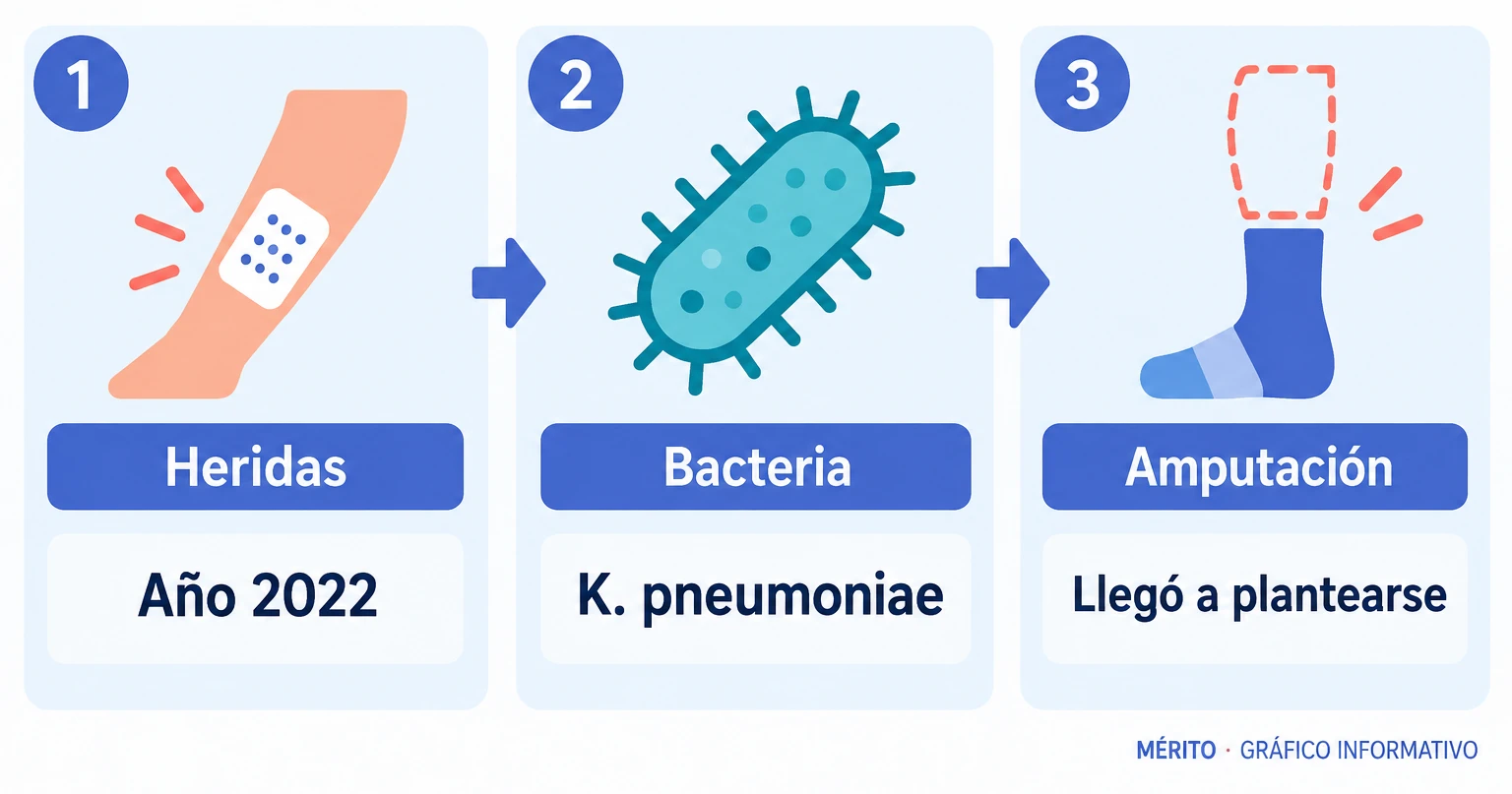 Secuencia clínica descrita: heridas en 2022, infección por Klebsiella pneumoniae multirresistente y planteamiento de amputación ante el riesgo de extensión.
