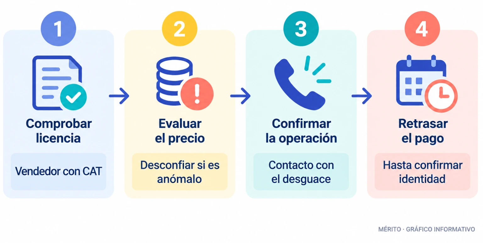 Diagrama de proceso con las tres pautas de compra segura de recambios y la recomendación de no pagar hasta confirmar la identidad del vendedor.