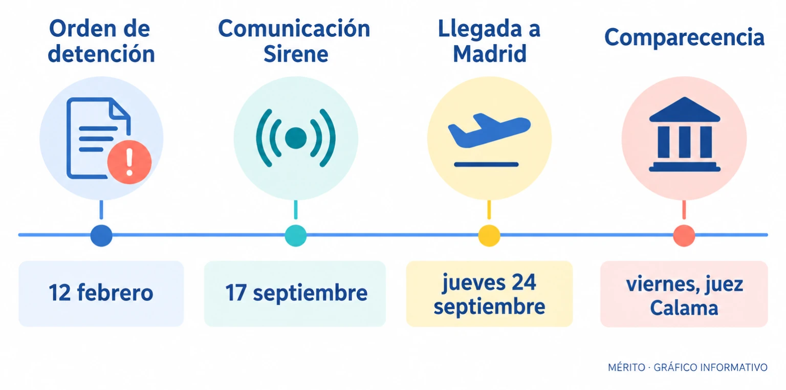 Línea temporal con las fechas clave: orden de detención en febrero, comunicación Sirene en septiembre, llegada a Madrid y comparecencia.