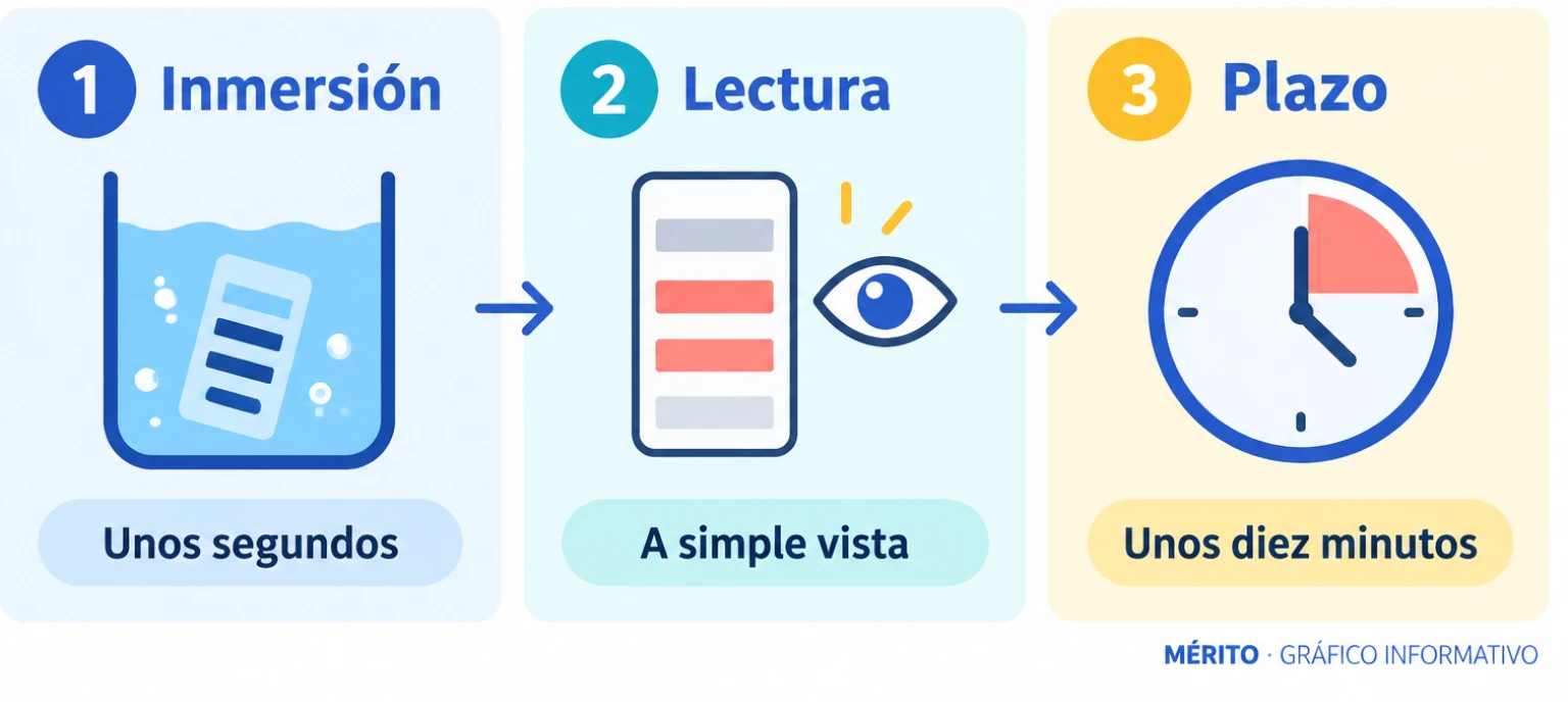 Esquema del procedimiento descrito: el dispositivo de papel se sumerge unos segundos en la muestra y permite observar una lectura visual aproximadamente diez minutos después.