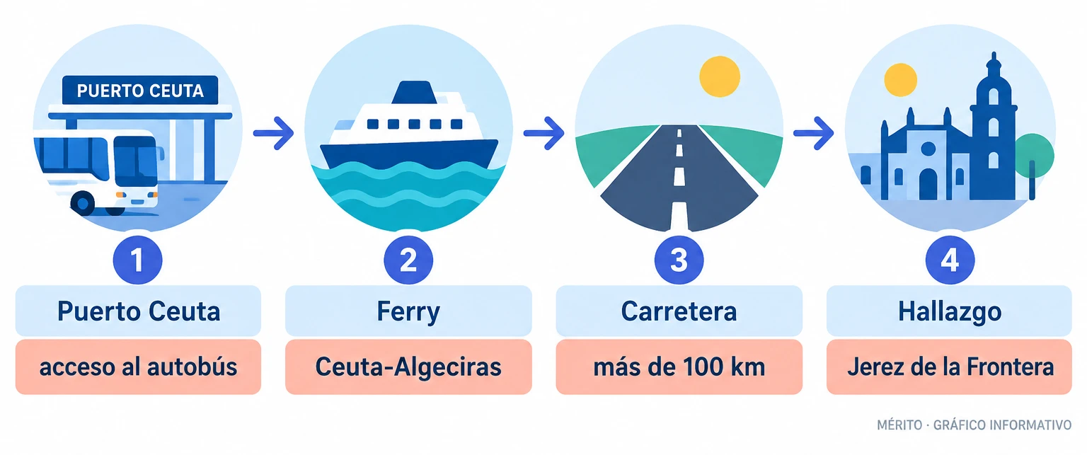 Diagrama de proceso con las fases del viaje del autobús desde Ceuta hasta el hallazgo del menor en Jerez.