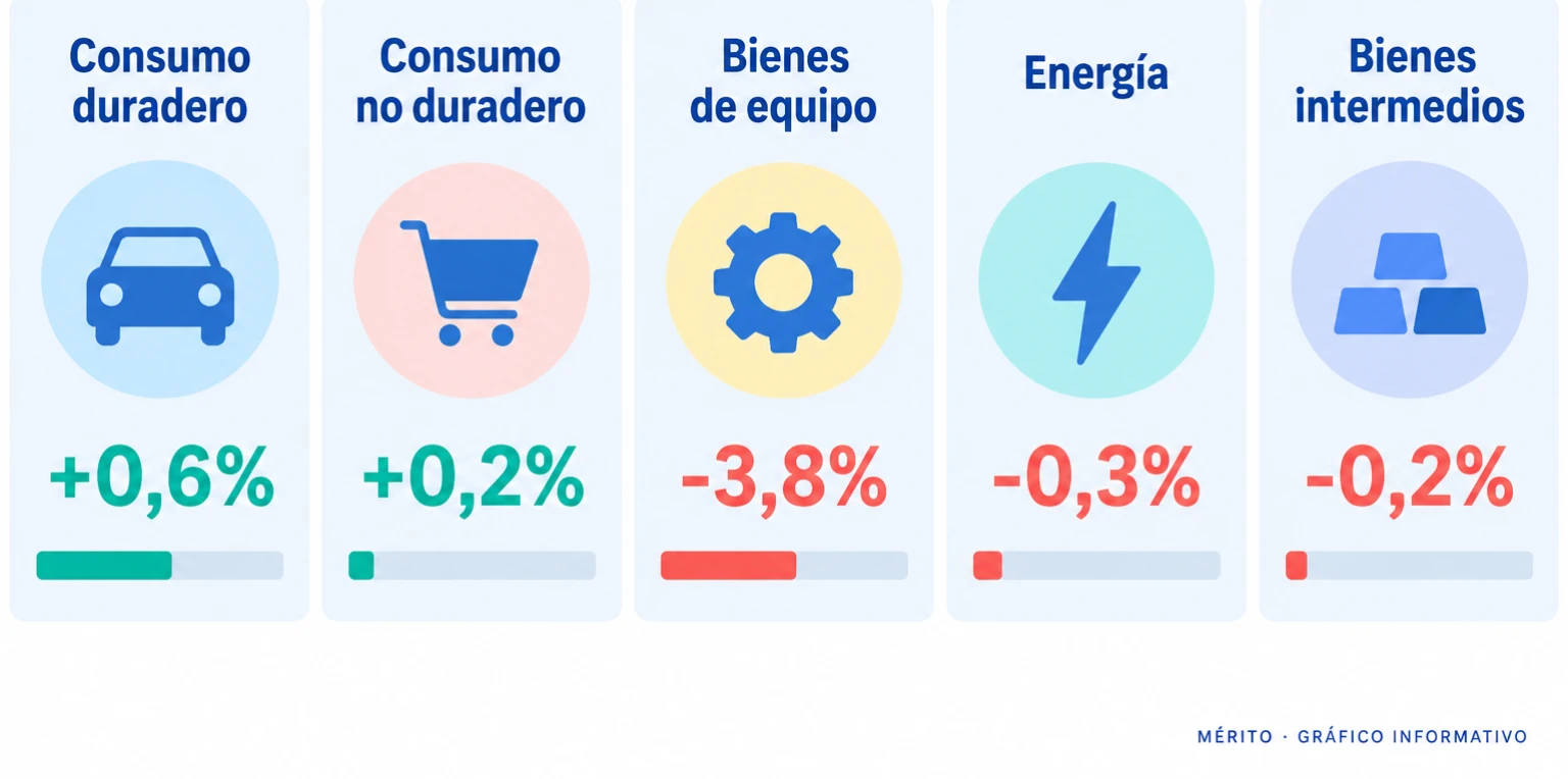 Infografía con cinco tarjetas sobre variaciones mensuales por tipo de bien: consumo duradero +0,6%, no duradero +0,2%, equipo -3,8%, energía -0,3% e intermedios -0,2%.