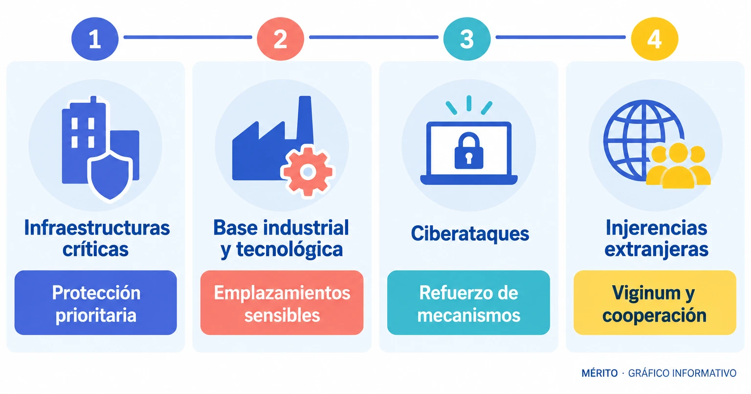 Diagrama con los ámbitos del plan: infraestructuras críticas, base industrial y tecnológica, ciberataques e injerencias extranjeras.