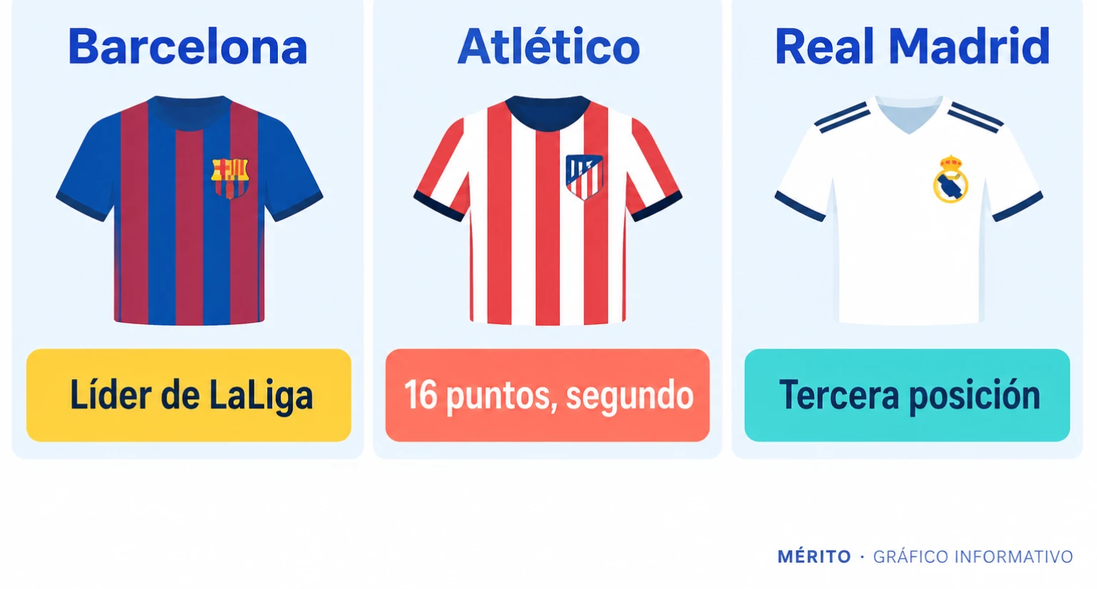 Tarjetas con la posición y puntos del Atlético, Real Madrid y Barcelona tras la jornada.