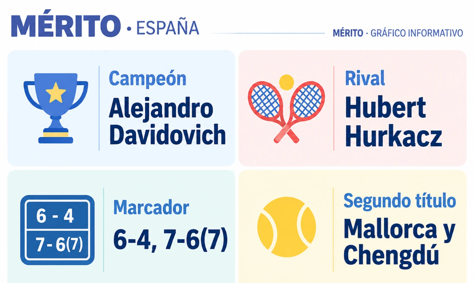 Tarjetas informativas con el ganador de la final de Chengdú, su rival y el marcador; otra tarjeta sitúa el título junto al conseguido en Mallorca.