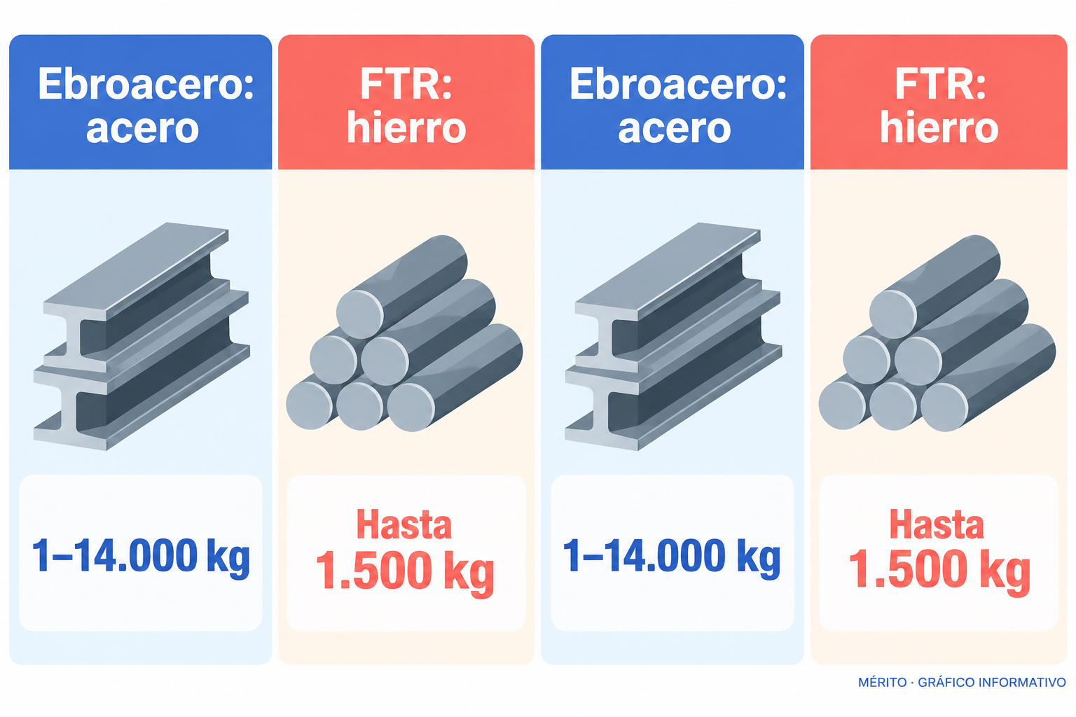 Comparación de los rangos de peso indicados para las piezas de acero al carbono de Ebroacero y las piezas de hierro de FTR.