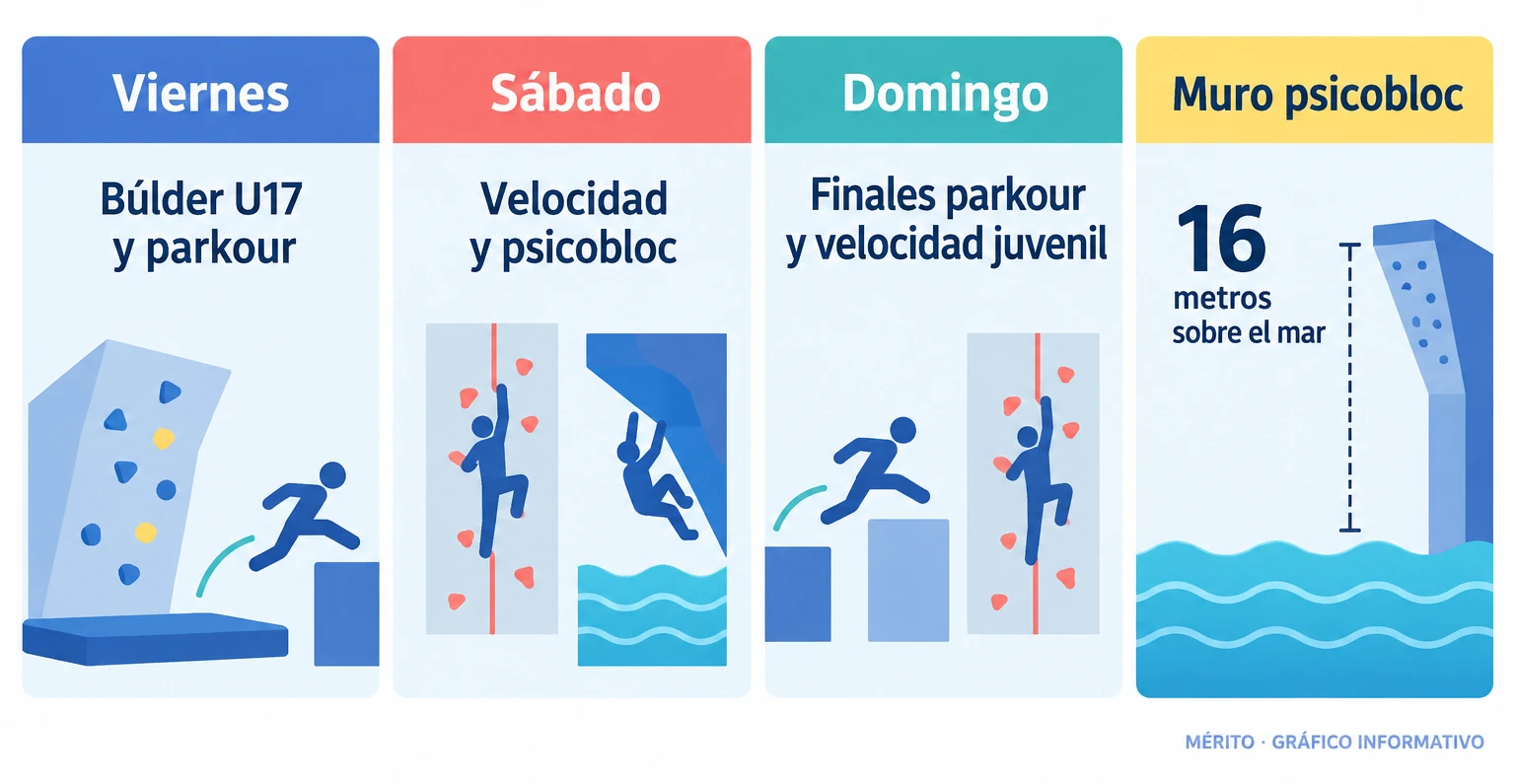 Comparativa de competiciones por día: búlder y parkour el viernes, velocidad y psicobloc el sábado, finales el domingo.