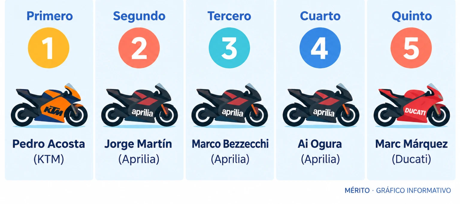 Tabla comparativa con los cinco primeros clasificados del Gran Premio de Austria de MotoGP.